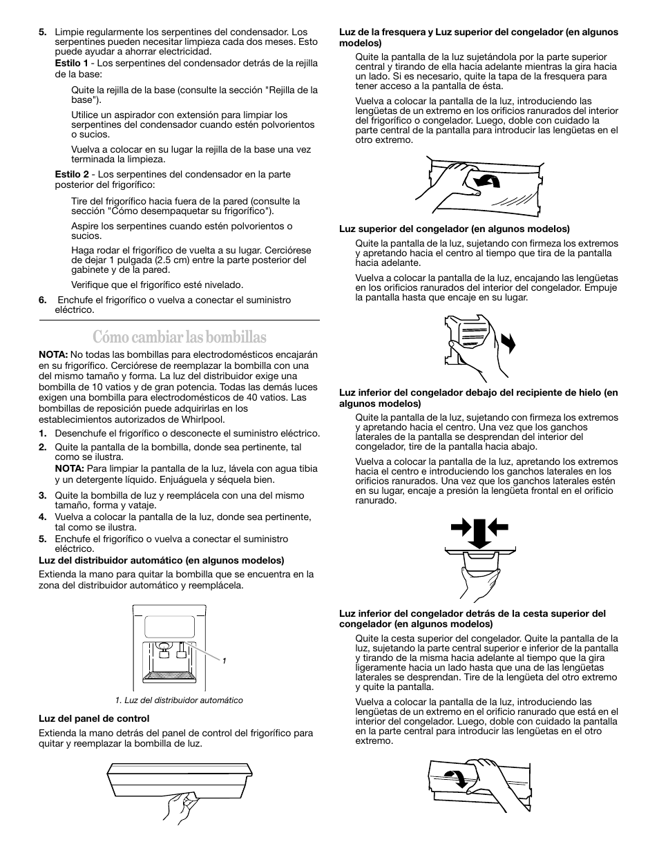 Cómo cambiar las bombillas | Whirlpool 2211657 User Manual | Page 42 / 93