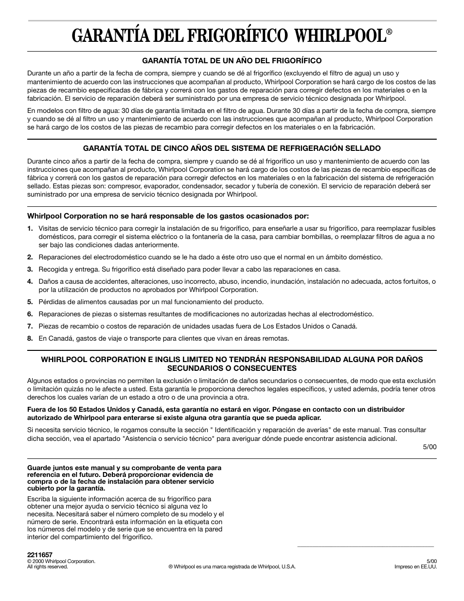 Garantía del frigorífico whirlpool | Whirlpool 2211657 User Manual | Page 47 / 93