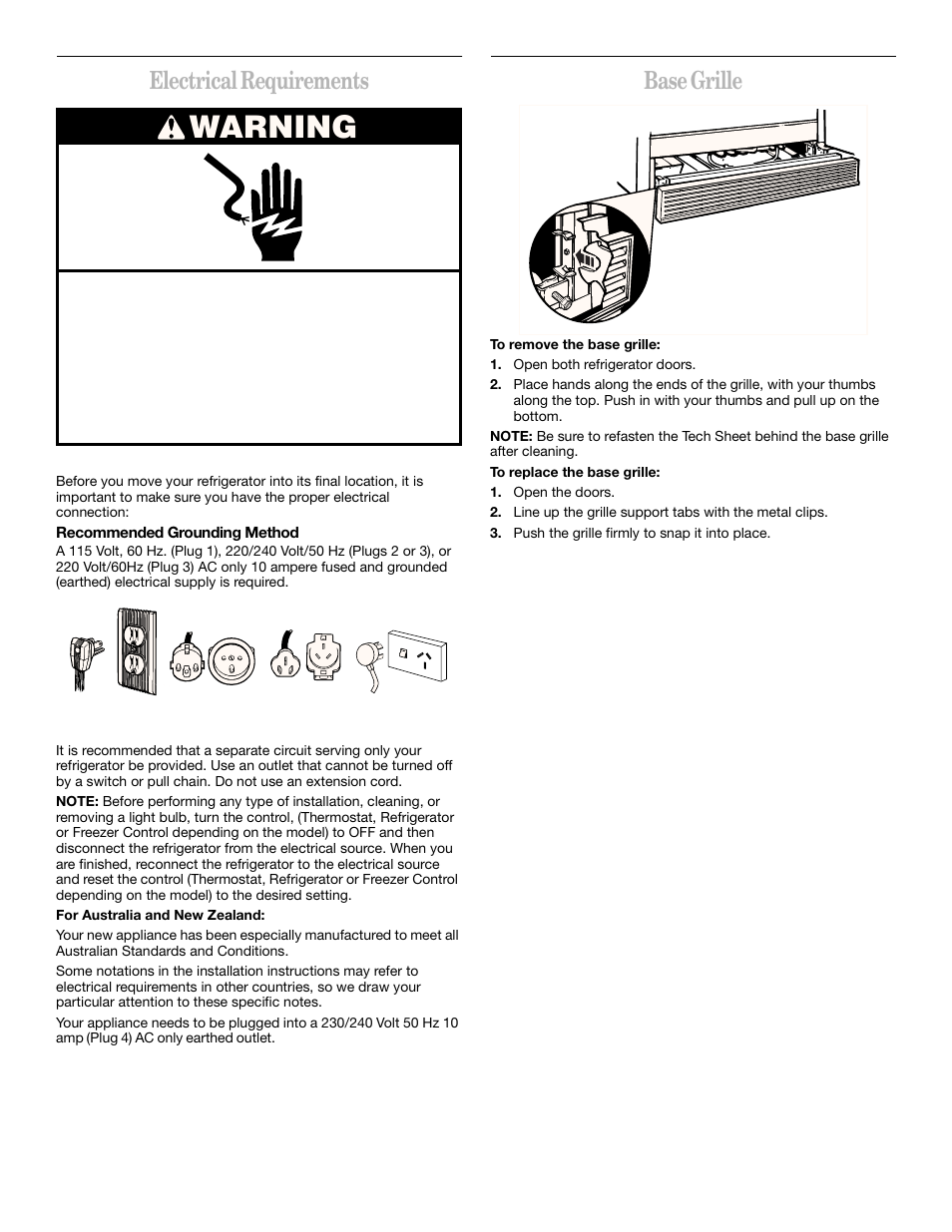 Warning, Electrical requirements, Base grille | Whirlpool 2211657 User Manual | Page 5 / 93