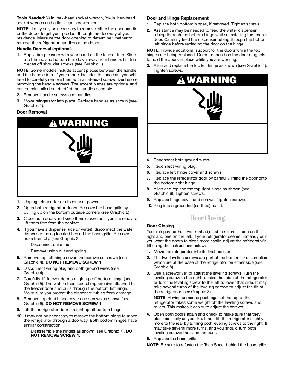 Warning, Door closing | Whirlpool 2211657 User Manual | Page 7 / 93