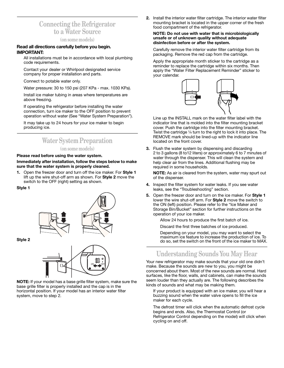 Connecting the refrigerator to a water source, Water system preparation, Understanding sounds you may hear | On some models) | Whirlpool 2211657 User Manual | Page 8 / 93
