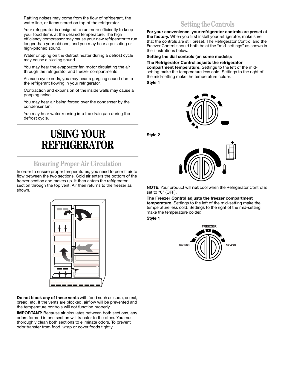 Using your refrigerator style 2 3, Using your refrigerator, Ensuring proper air circulation | Setting the controls | Whirlpool 2211657 User Manual | Page 9 / 93