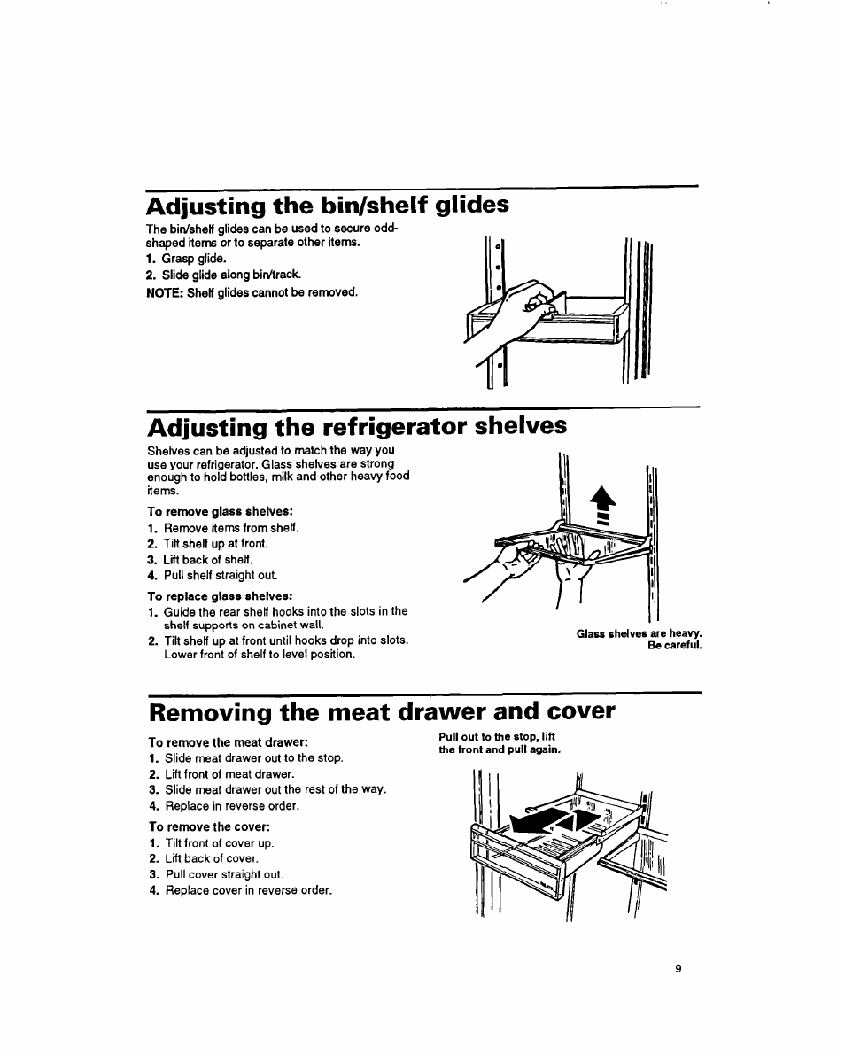 Adjusting the bin/shelf glides, Adjusting the refrigerator shelves, Removing the meat drawer and cover | Whirlpool 8ET20DK User Manual | Page 10 / 23