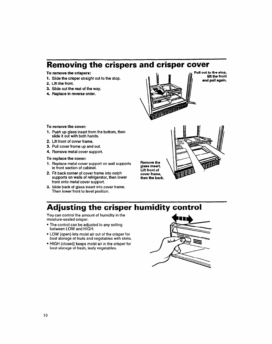 Removing the crispers and crisper cover, Adjusting the crisper humidity control | Whirlpool 8ET20DK User Manual | Page 11 / 23