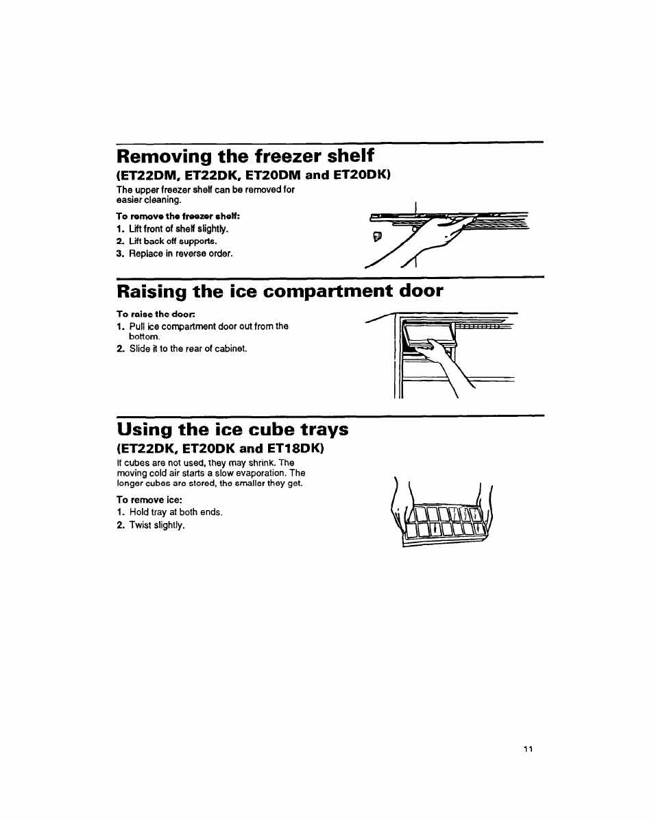 Removing the freezer shelf, Et22dm, et22dk, et20dm and et20dk), Raising the ice compartment door | Using the ice cube trays, Et22dk, et20dk and et18dk), Pmrmg | Whirlpool 8ET20DK User Manual | Page 12 / 23