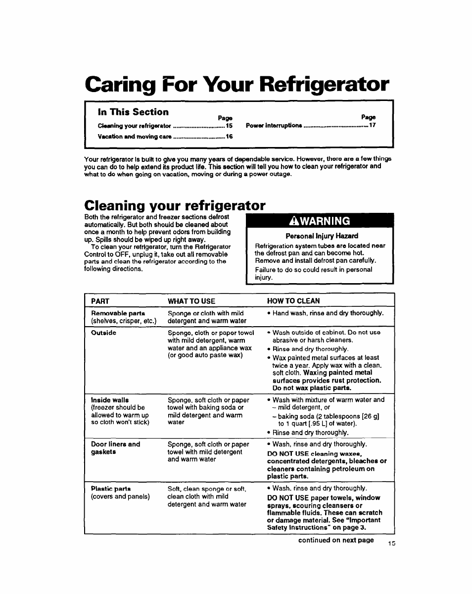 Caring for your refrigerator, Cleaning your refrigerator, Warning | Whirlpool 8ET20DK User Manual | Page 16 / 23