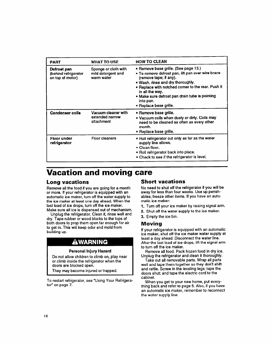 Vacation and moving care, Long vacations, Short vacations | Moving, Warning | Whirlpool 8ET20DK User Manual | Page 17 / 23