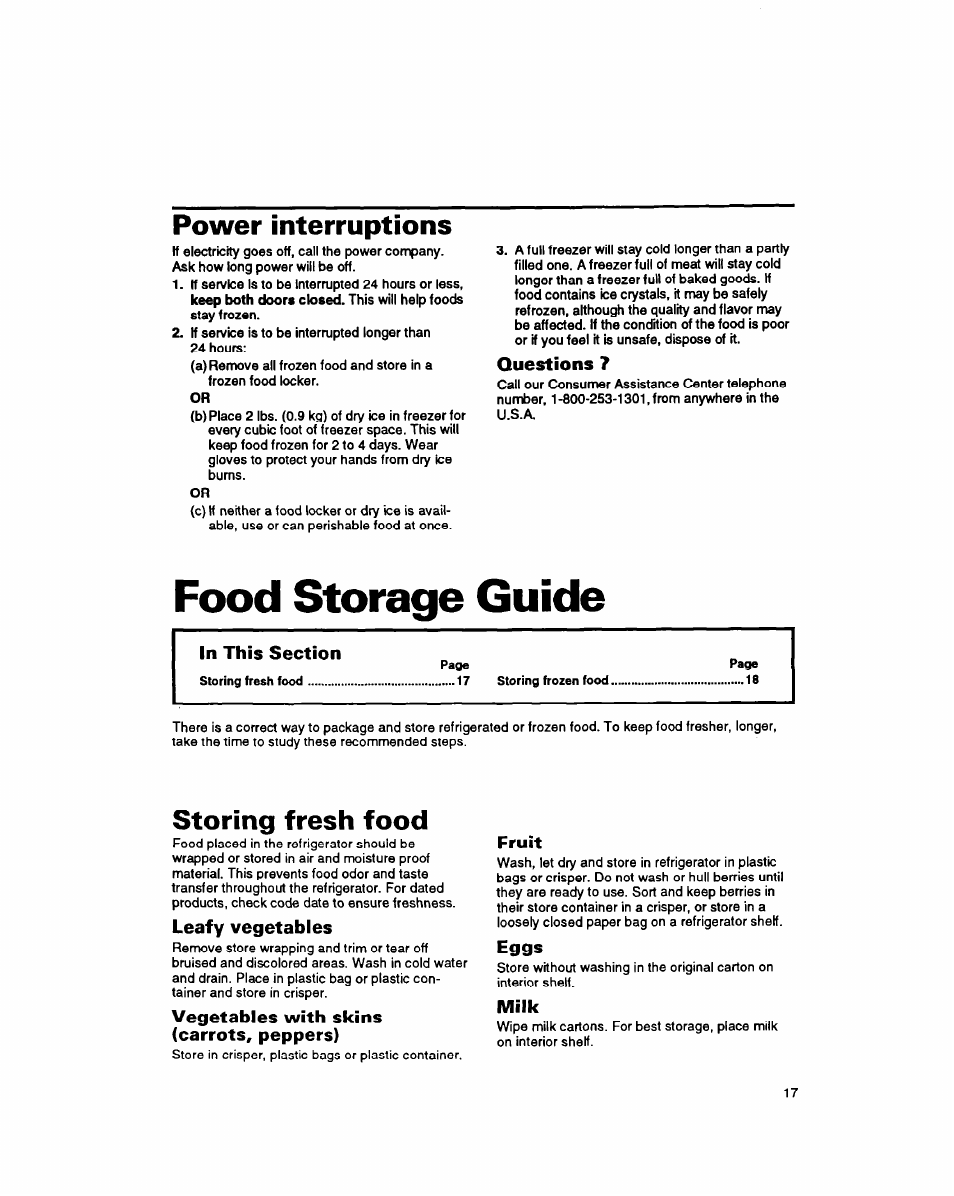 Power interruptions, Questions 7, Food storage guide | Storing fresh food, Leafy vegetables, Vegetables with skins (carrots, peppers), Fruit, Eggs, Milk | Whirlpool 8ET20DK User Manual | Page 18 / 23