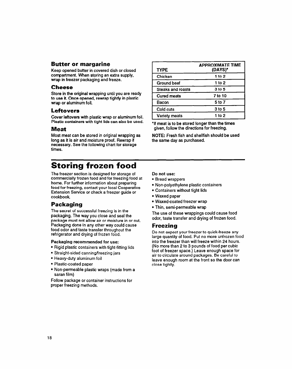 Butter or margarine, Cheese, Leftovers | Meat, Storing frozen food, Packaging, Freezing | Whirlpool 8ET20DK User Manual | Page 19 / 23