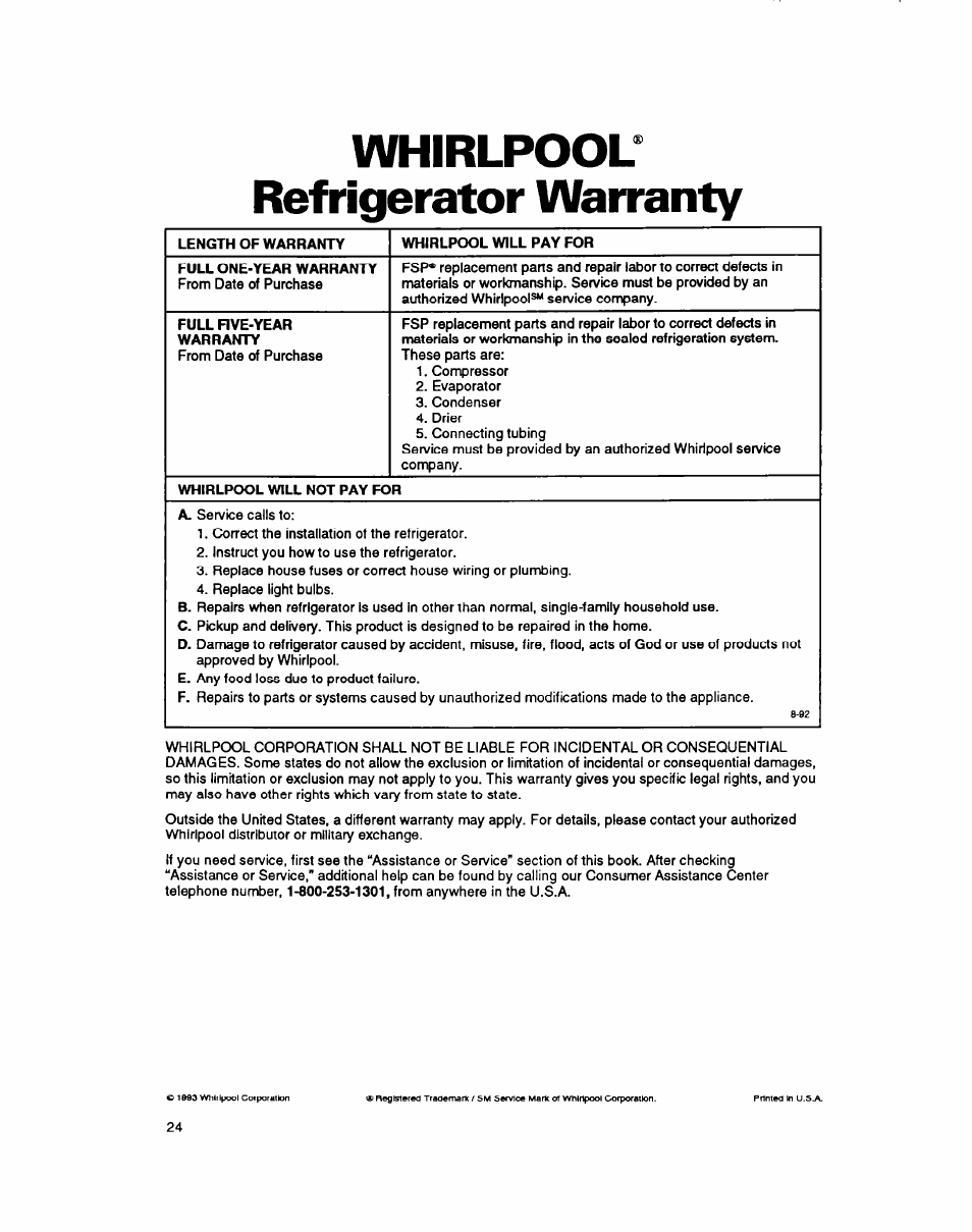 Whirlpool refrigerator warranty | Whirlpool 8ET20DK User Manual | Page 23 / 23