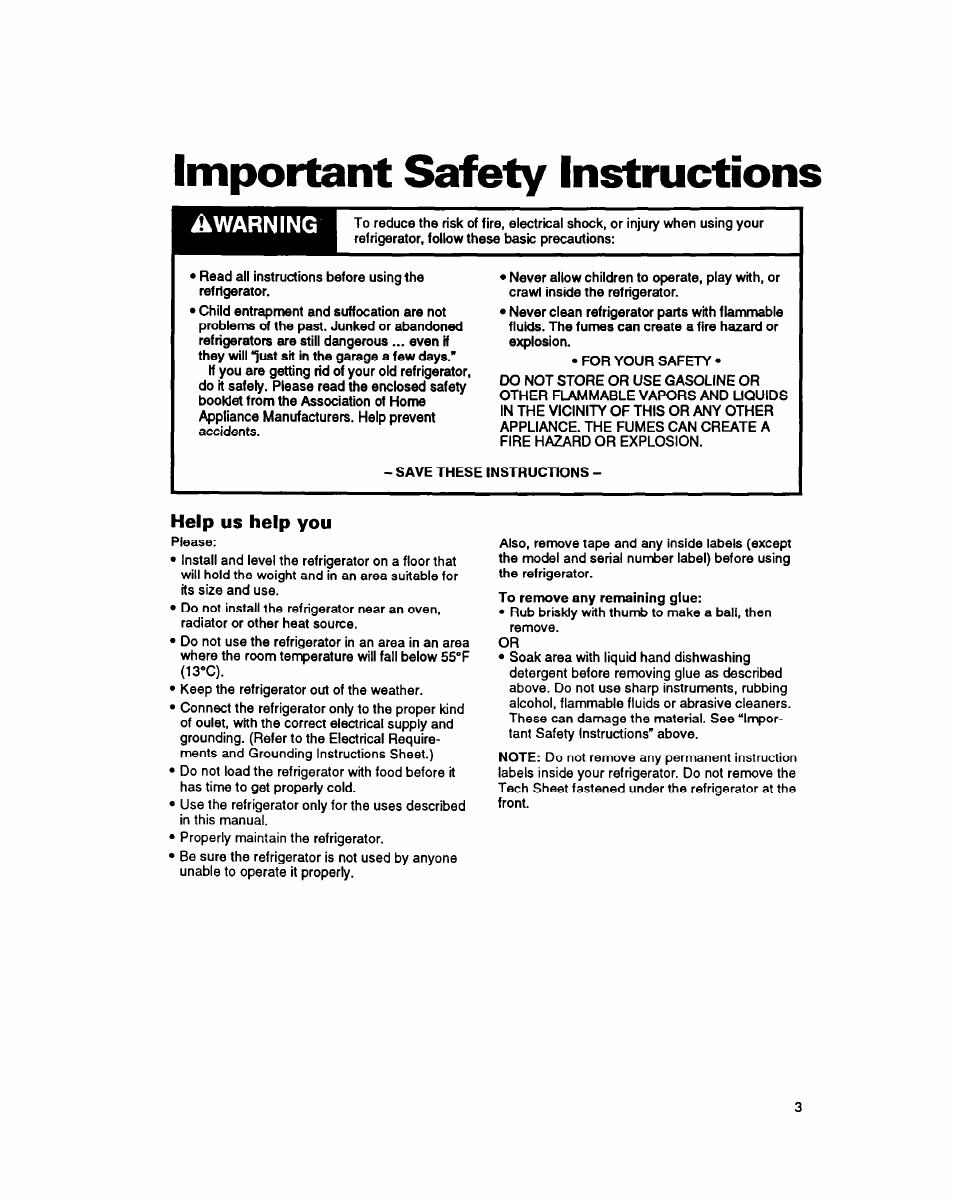 Important safety instructions, Help us help you, Awarning | Whirlpool 8ET20DK User Manual | Page 4 / 23