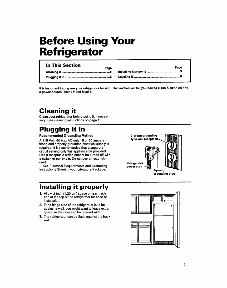 Before using your refrigerator, Cleaning it, Plugging it in | Installing it properly | Whirlpool 8ET20DK User Manual | Page 6 / 23