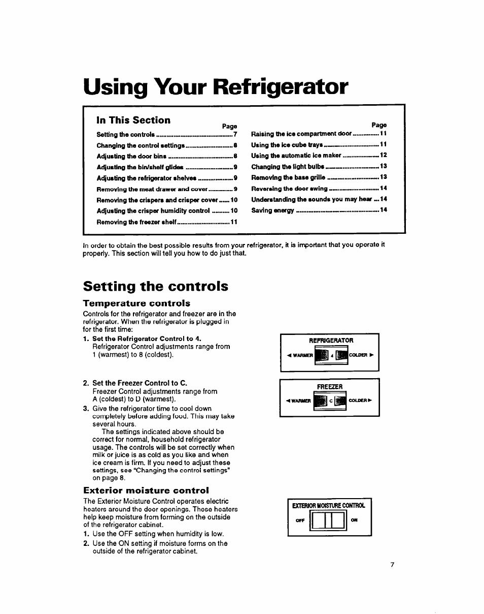 Using your refrigerator, Setting the controls, Temperature controls | Exterior moisture control | Whirlpool 8ET20DK User Manual | Page 8 / 23