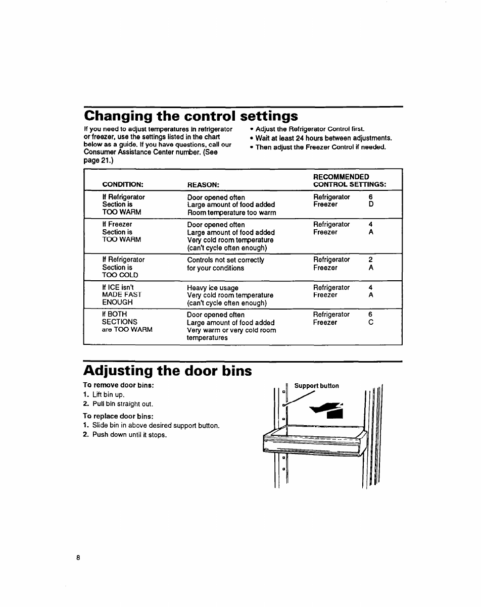 Changing the control settings, Adjusting the door bins | Whirlpool 8ET20DK User Manual | Page 9 / 23