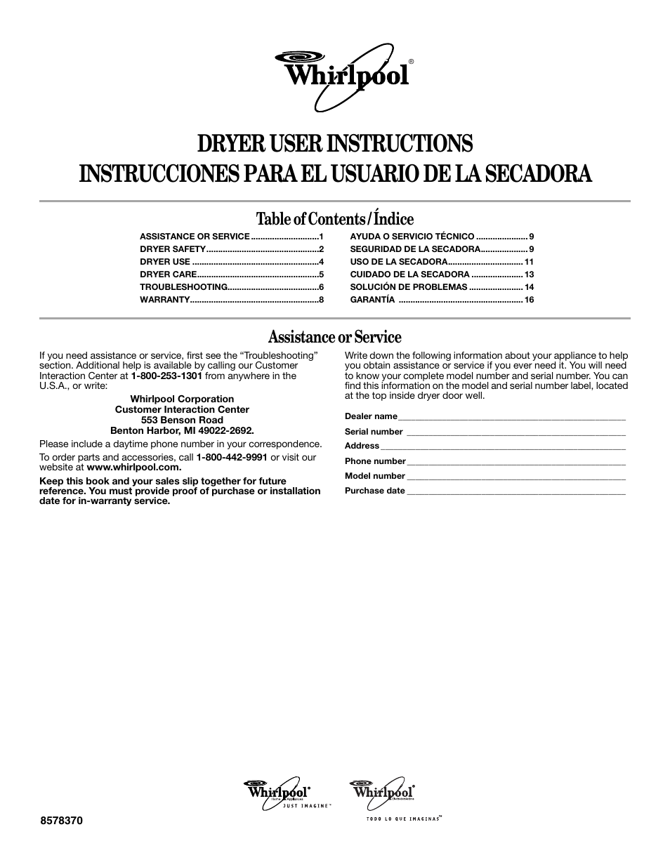 Whirlpool 8578370 User Manual | 16 pages