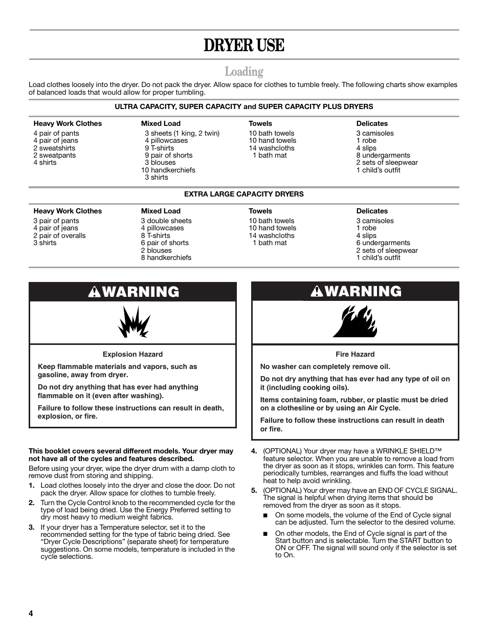 Dryer use, Warning, Loading | Whirlpool 8578370 User Manual | Page 4 / 16