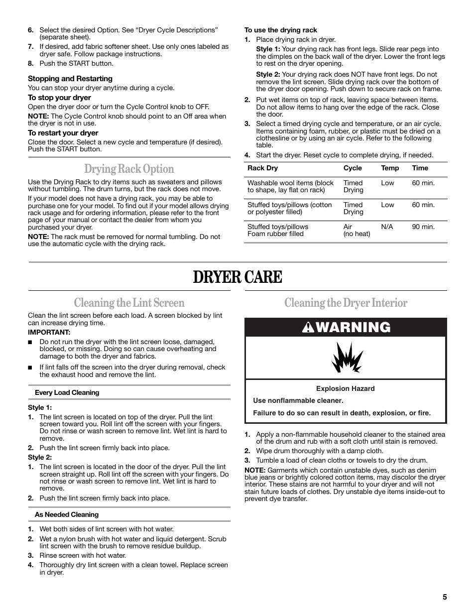 Dryer care, Warning, Drying rack option | Cleaning the lint screen, Cleaning the dryer interior | Whirlpool 8578370 User Manual | Page 5 / 16