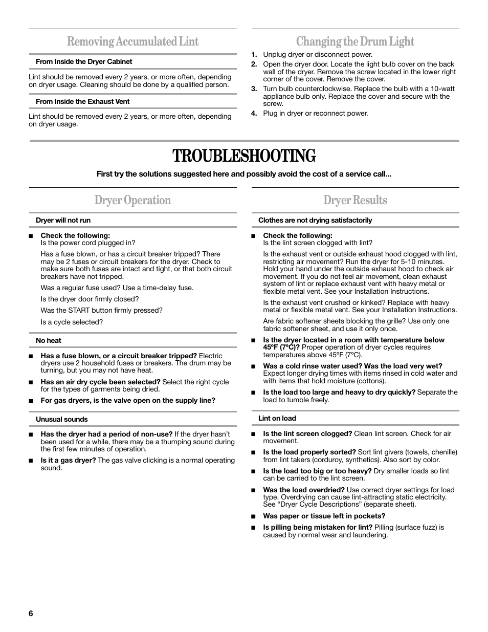 Troubleshooting, Removing accumulated lint, Changing the drum light | Dryer operation, Dryer results | Whirlpool 8578370 User Manual | Page 6 / 16