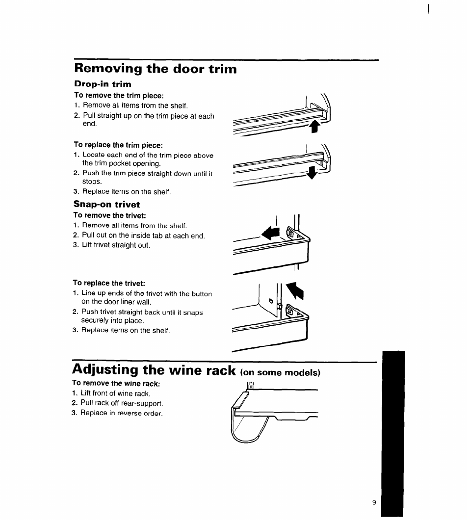 Removing the door trim, Drop-in trim, To replace the trim piece | Snap-on trivet, To replace the trivet, Adjusting the wine rack (on some models), To remove the wine rack, Adjusting the wine rack | Whirlpool 4YED27DQDN00 User Manual | Page 10 / 32