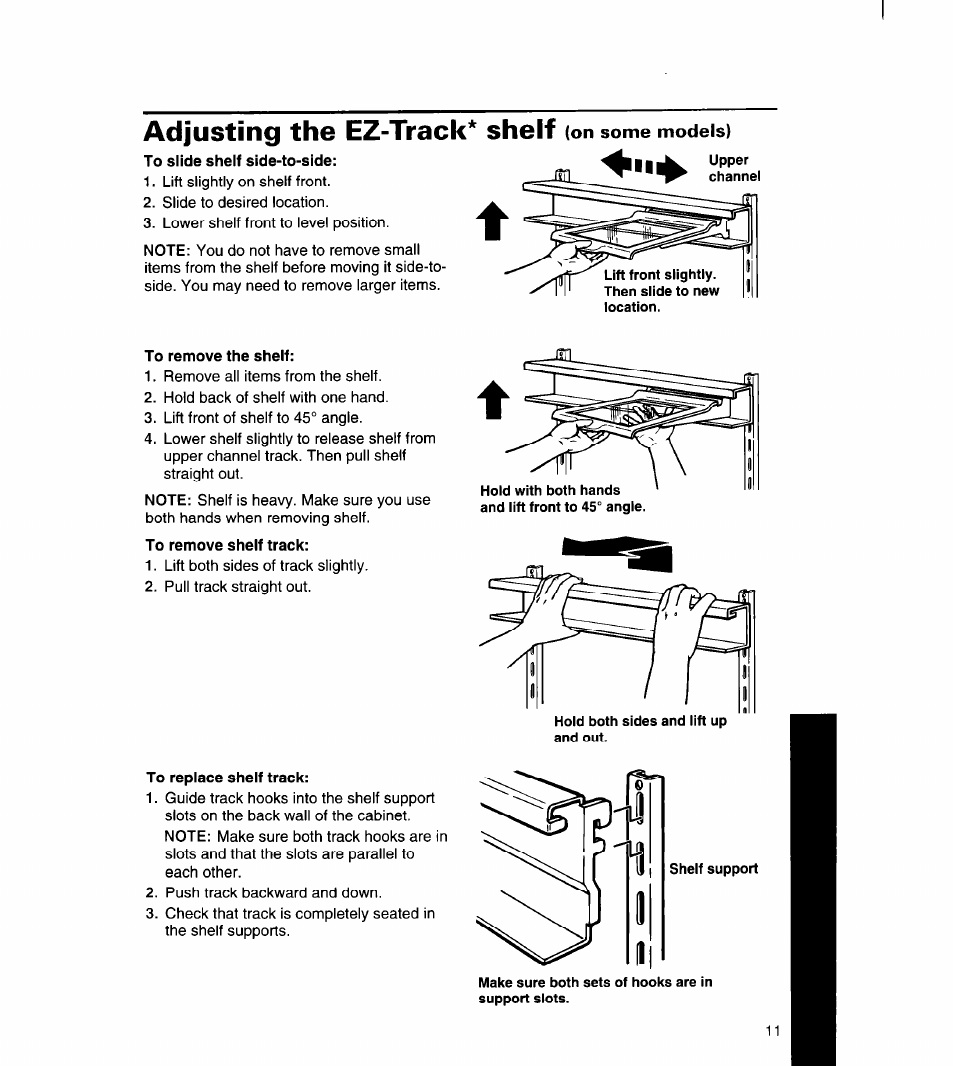 To slide shelf side-to-side, To remove the shelf, To remove shelf track | To replace shelf track, Adjusting the ez-track* shelf | Whirlpool 4YED27DQDN00 User Manual | Page 12 / 32