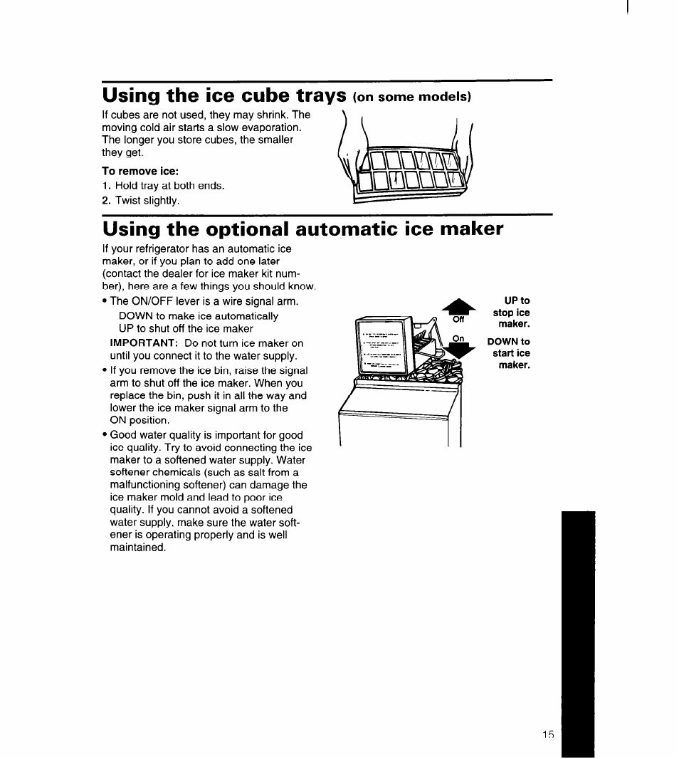 To remove ice, Using the optional automatic ice maker, Inttnrda | Using the ice cube trays | Whirlpool 4YED27DQDN00 User Manual | Page 16 / 32