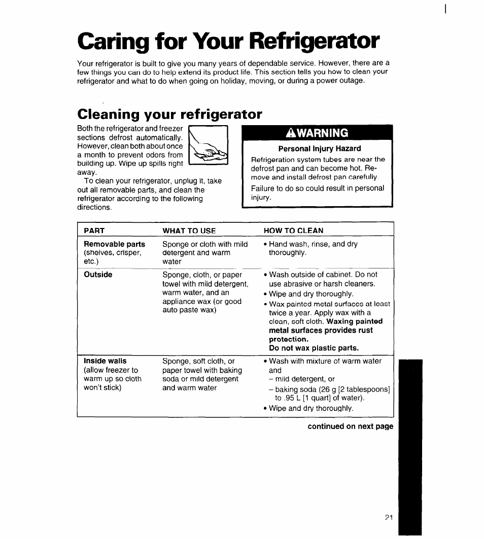 Caring for your refrigerator, Cleaning your refrigerator, Warning | Whirlpool 4YED27DQDN00 User Manual | Page 22 / 32