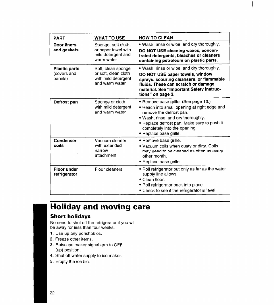 Holiday and moving care, Short holidays, Holiday and moving care -23 | Whirlpool 4YED27DQDN00 User Manual | Page 23 / 32