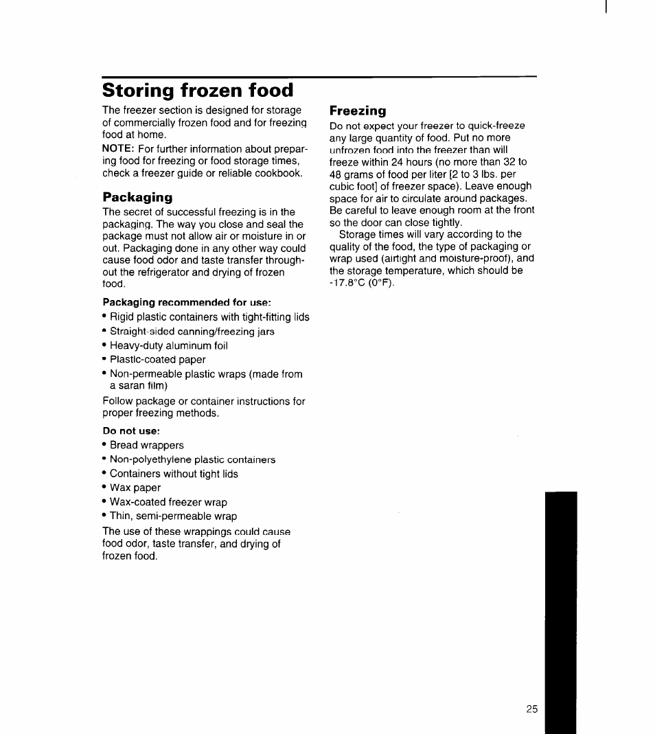 Storing frozen food, Packaging, Do not use | Freezing | Whirlpool 4YED27DQDN00 User Manual | Page 26 / 32