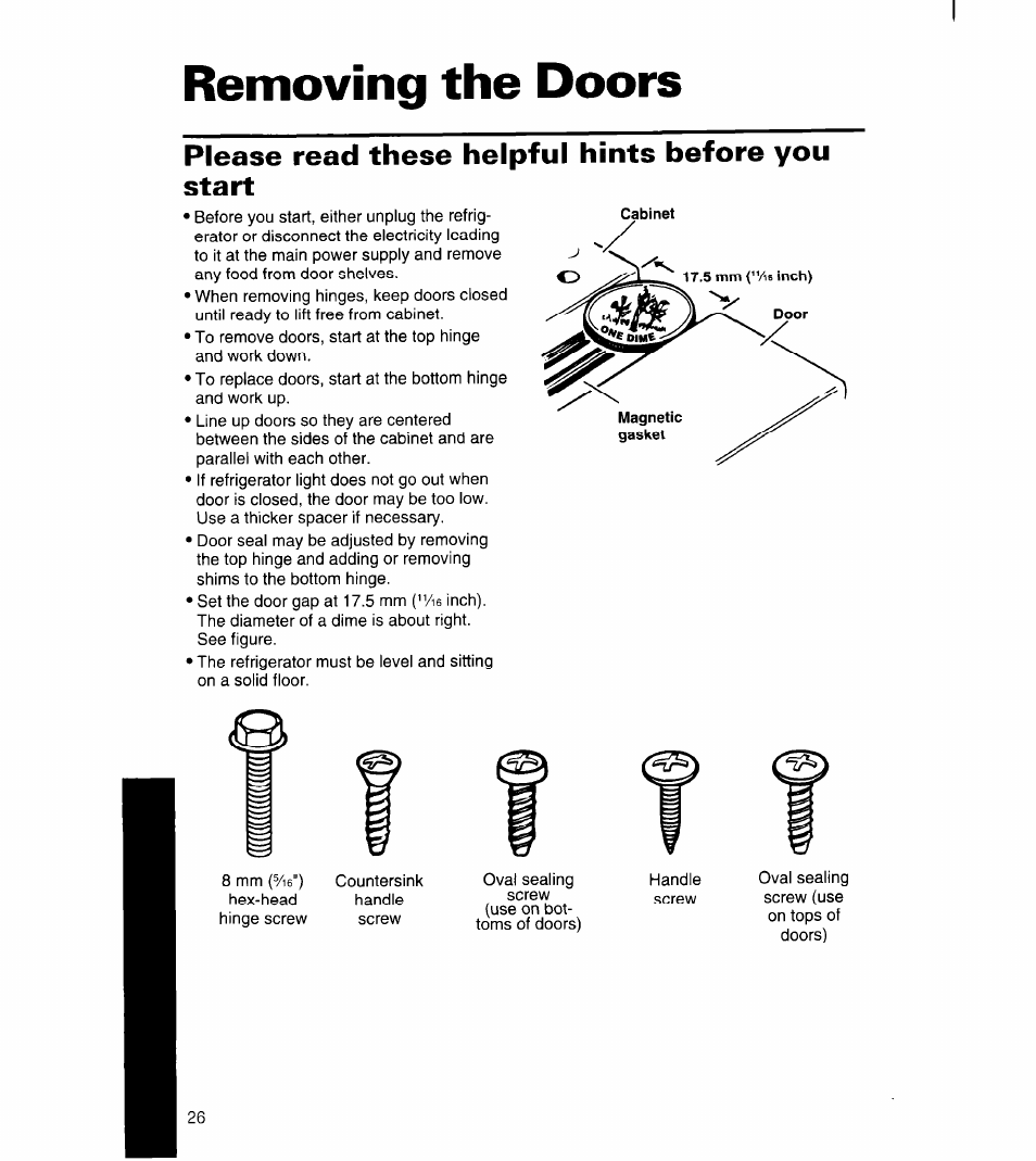 Removing the doors, Please read these helpful hints before you start, Removing the doors -27 | Whirlpool 4YED27DQDN00 User Manual | Page 27 / 32