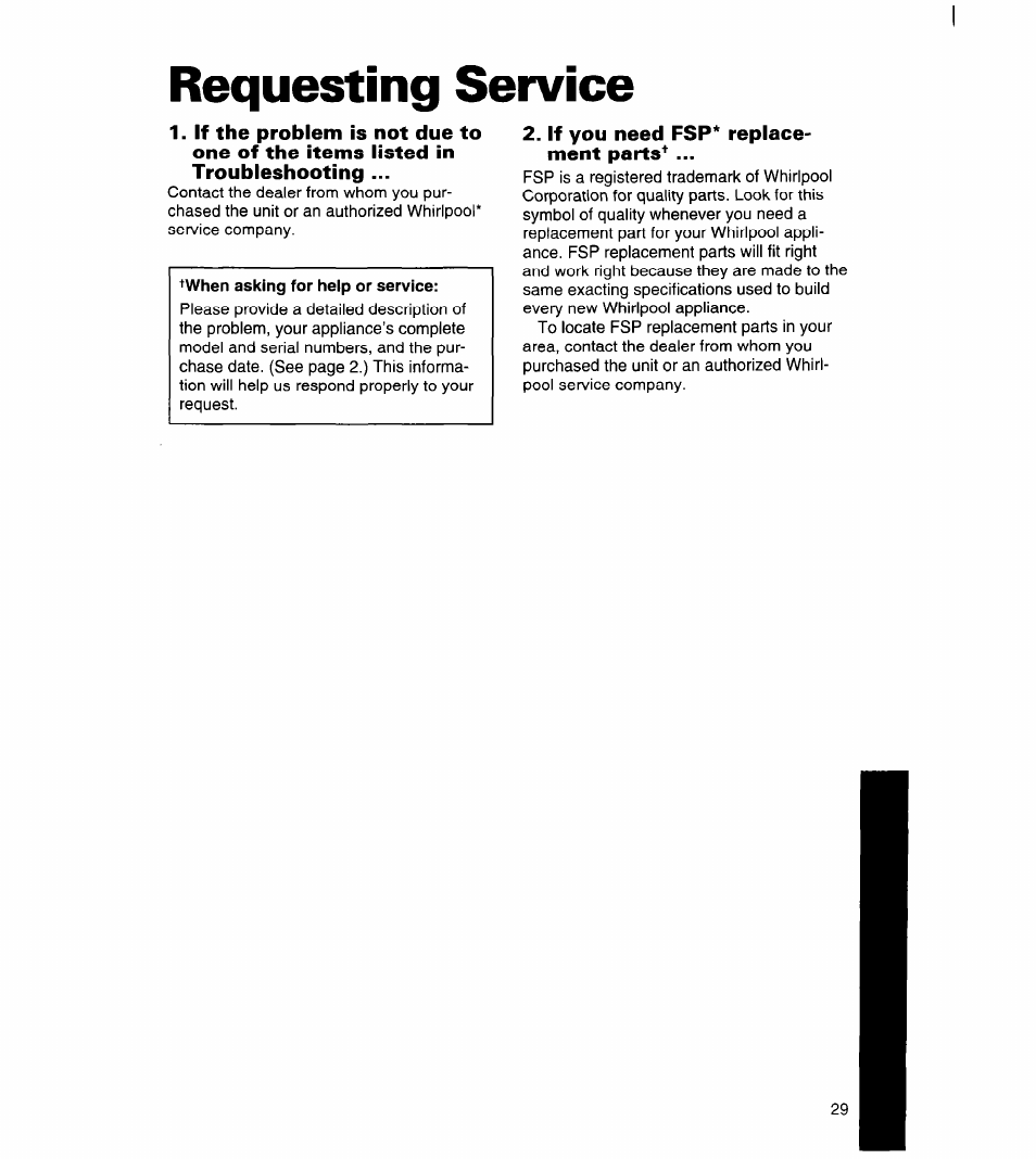 Requesting service, If you need fsp* replacement parts | Whirlpool 4YED27DQDN00 User Manual | Page 30 / 32