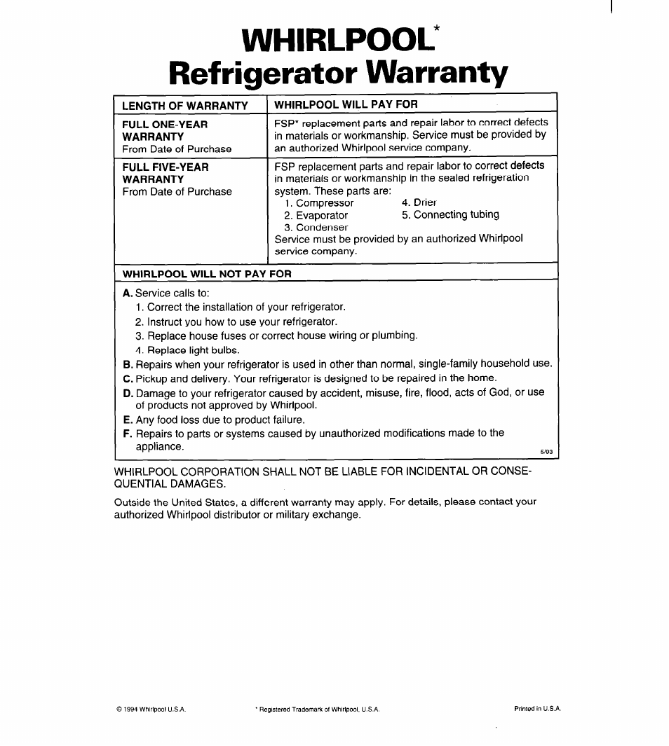 Whirlpool* refrigerator warranty, Length of warranty, Whirlpool will pay for | Full one-year warranty, Full five-year warranty, Whirlpool will not pay for | Whirlpool 4YED27DQDN00 User Manual | Page 31 / 32