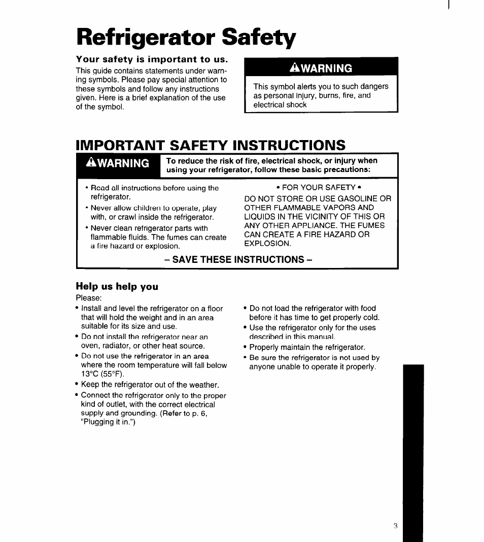 Refrigerator safety, Your safety is important to us, Warning | Save these instructions, Help us help you, Important safety instructions | Whirlpool 4YED27DQDN00 User Manual | Page 4 / 32