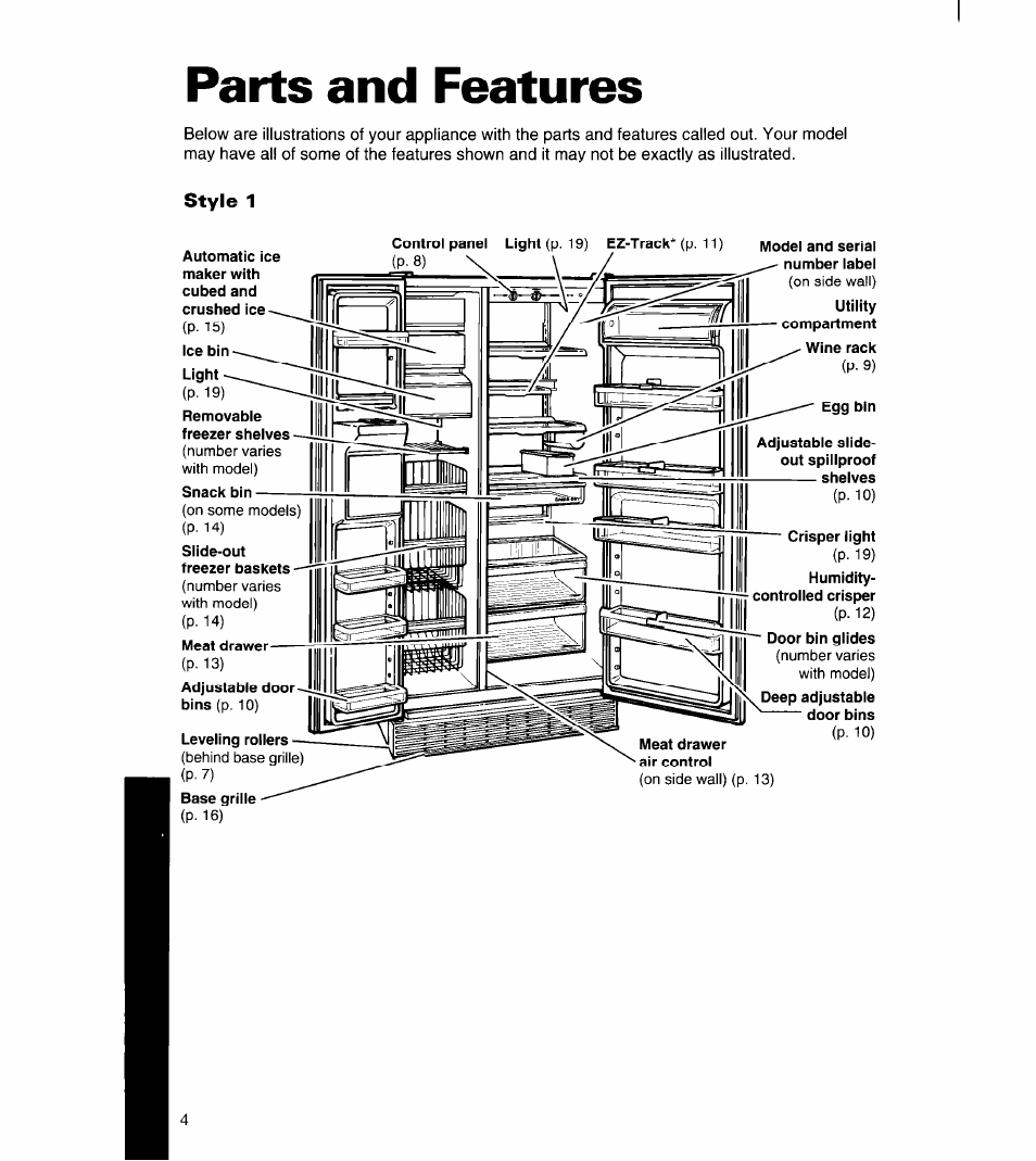 Parts and features, Style 1, Parts and features -5 | Whirlpool 4YED27DQDN00 User Manual | Page 5 / 32