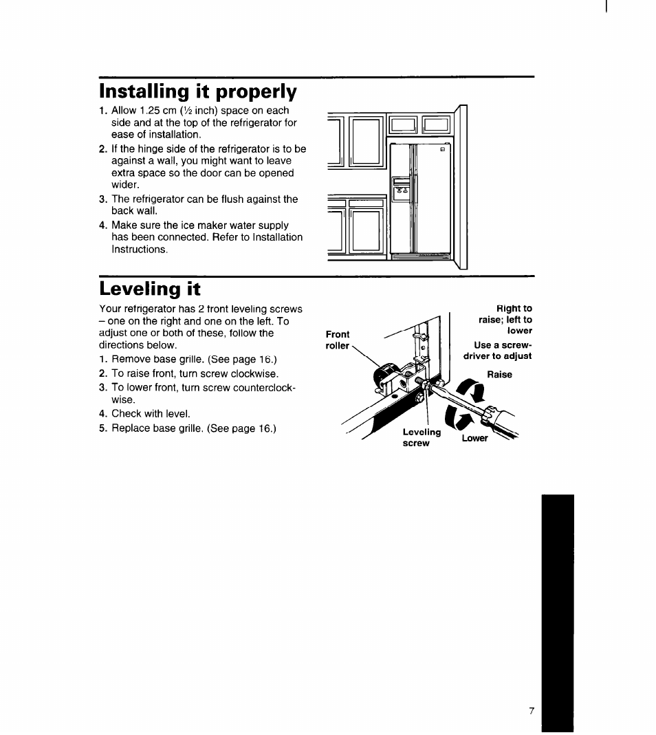 Installing it properly, Leveling it | Whirlpool 4YED27DQDN00 User Manual | Page 8 / 32