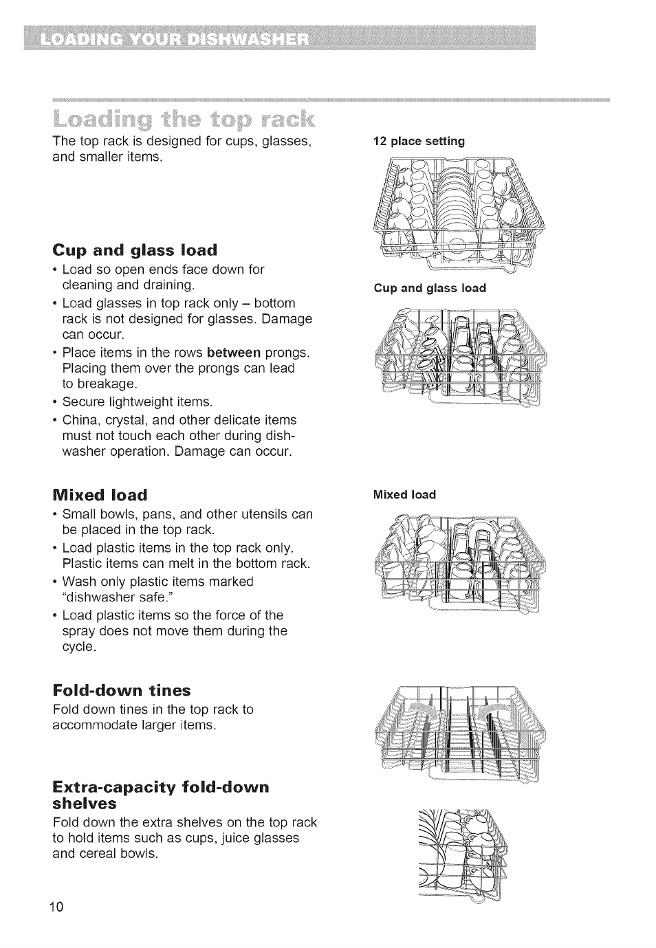 Cup and glass load, Mixed load, Fold-down tines | Extra-capacity fold-down shelves | Whirlpool 980 User Manual | Page 10 / 30