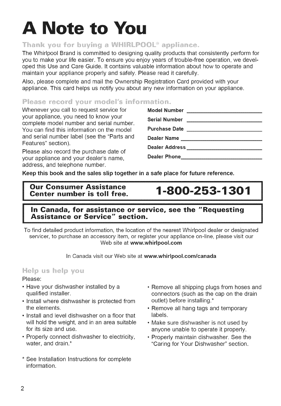 A note to you, Our consumer assistance center number is toll free, Requesting | Whirlpool 980 User Manual | Page 2 / 30