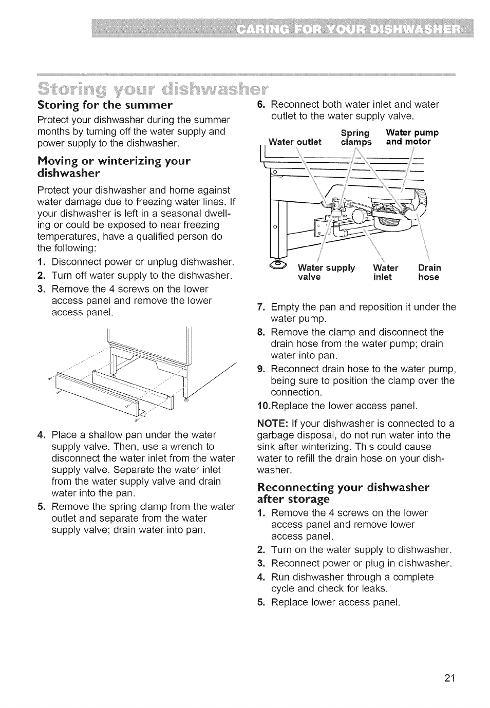 Storing for the summer, Moving or winterizing your dishwasher, Reconnecting your dishwasher after storage | Whirlpool 980 User Manual | Page 21 / 30