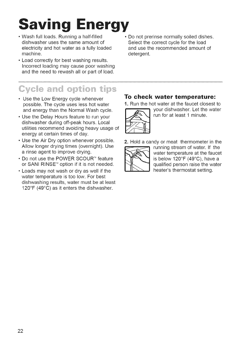 Saving energy, To check water temperature | Whirlpool 980 User Manual | Page 22 / 30