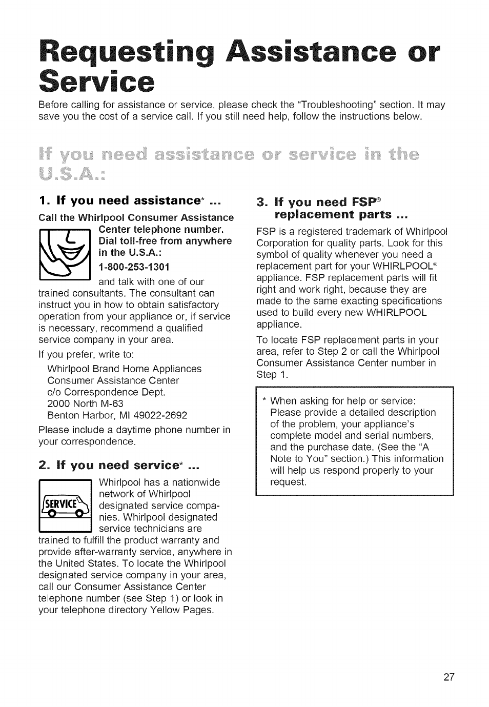 Requesting assistance or service, If you need assistance, If you need service | If you need fsp® replacement parts, Requesting assistance, Or service | Whirlpool 980 User Manual | Page 27 / 30