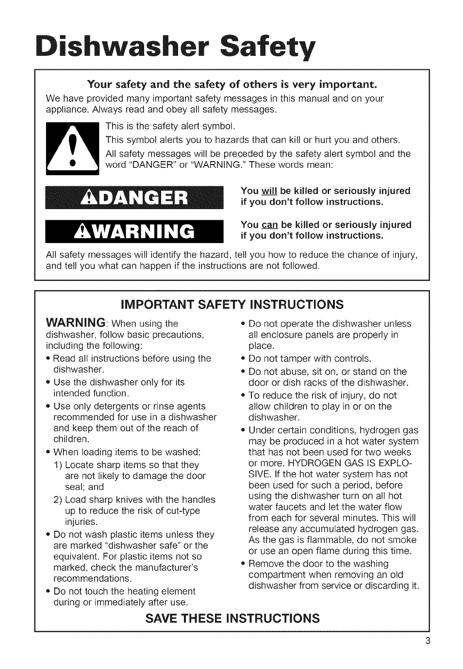 Dishwasher safety, Adanger, Awarning | Adanger awarning, Important safety instructions warning, Save these instructions | Whirlpool 980 User Manual | Page 3 / 30