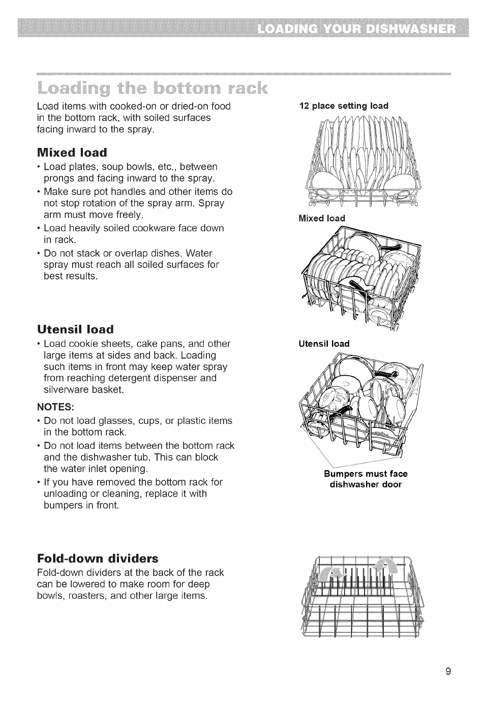 Mixed load, Utensil load, Fold-down dividers | Whirlpool 980 User Manual | Page 9 / 30