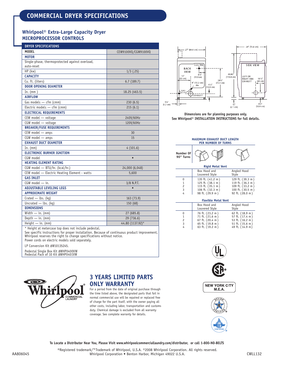 Commercial dryer specifications, 3 years limited parts only warranty | Whirlpool CGW9100VQ User Manual | Page 2 / 2