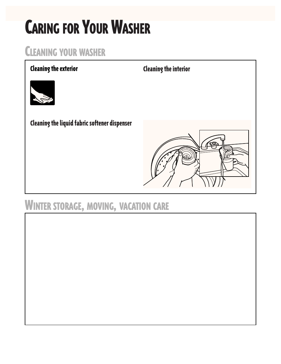 Caring for your washer, Aring for, Asher | Leaning your washer, Inter storage, Moving, Vacation care | Whirlpool 6LSR7244EQ0 User Manual | Page 11 / 16