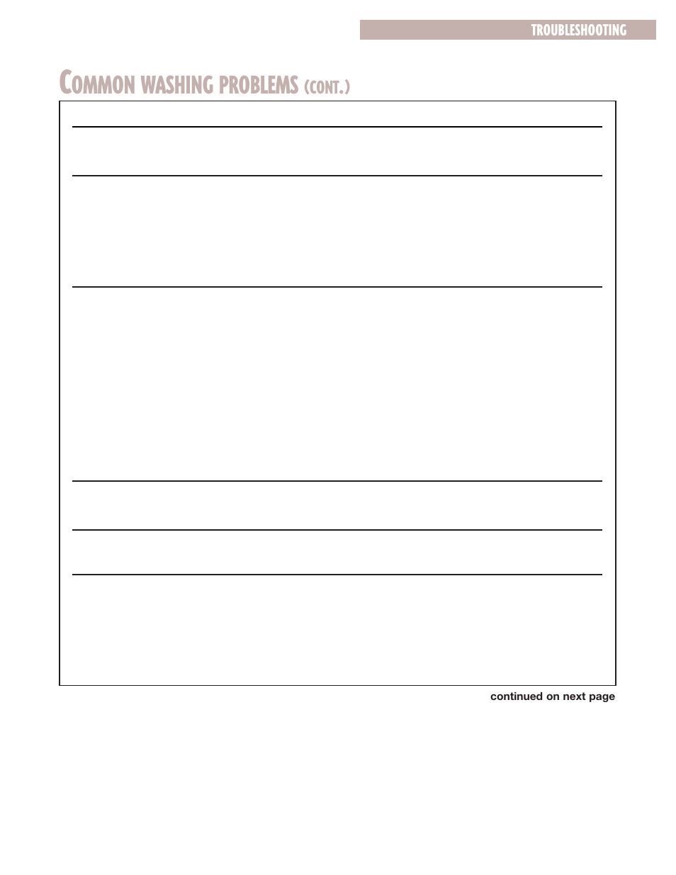 Ommon washing problems, Cont, Troubleshooting | Whirlpool 6LSR7244EQ0 User Manual | Page 13 / 16