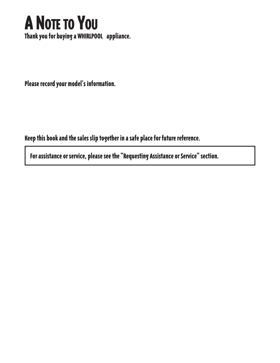 A note to you, Ote to | Whirlpool 6LSR7244EQ0 User Manual | Page 2 / 16