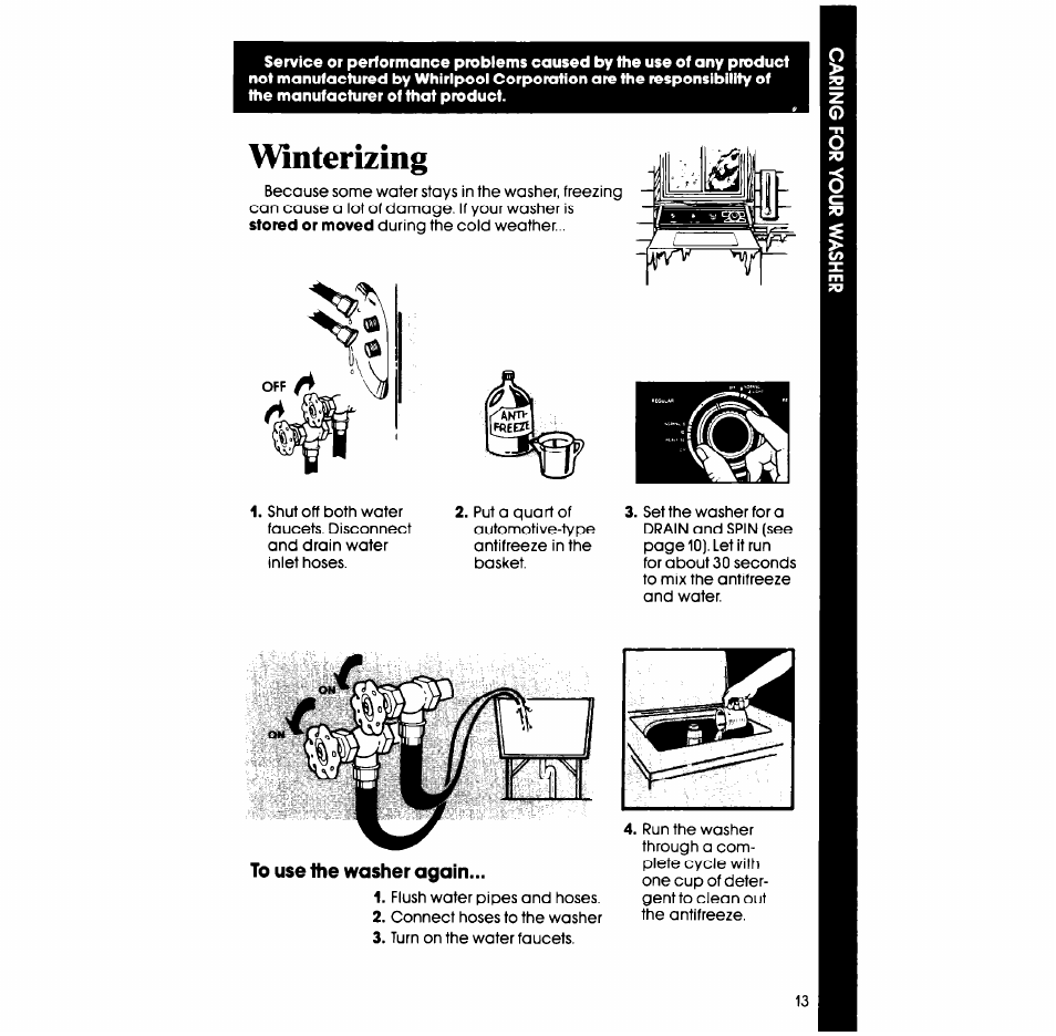 To use the washer again, Winterizing | Whirlpool LA5300XS User Manual | Page 13 / 16