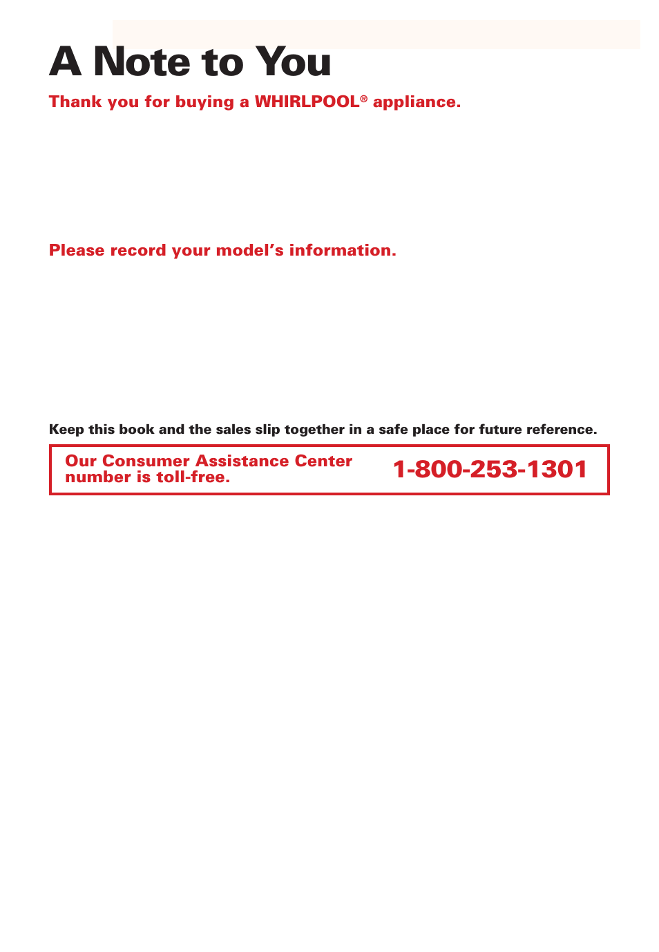 A note to you | Whirlpool SB160PEE User Manual | Page 3 / 40