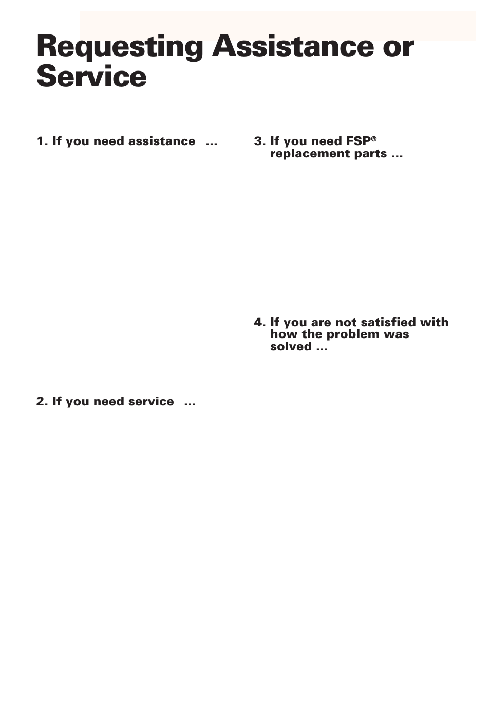 Requesting assistance or service, If you need assistance, If you need service | If you need fsp, Replacement parts | Whirlpool SB160PEE User Manual | Page 35 / 40