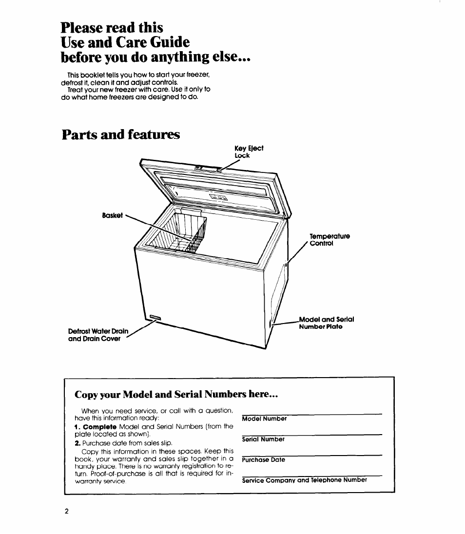 Please read this, Use and care guide, Before you do anything else | Parts and features, Copy your model and serial numbers here | Whirlpool EH12OC EH15OC User Manual | Page 2 / 12