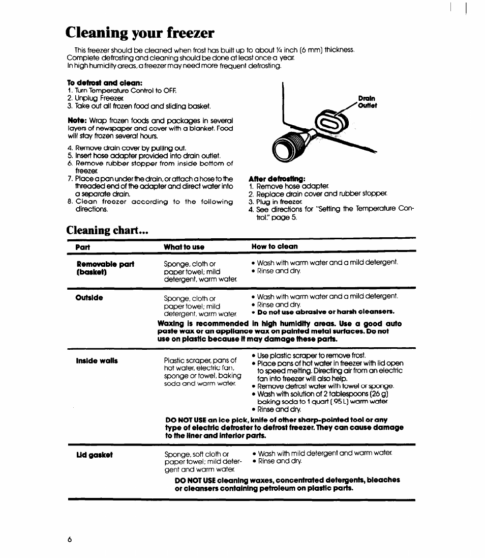 Cleaning your freezer, Cleaning chart | Whirlpool EH12OC EH15OC User Manual | Page 6 / 12